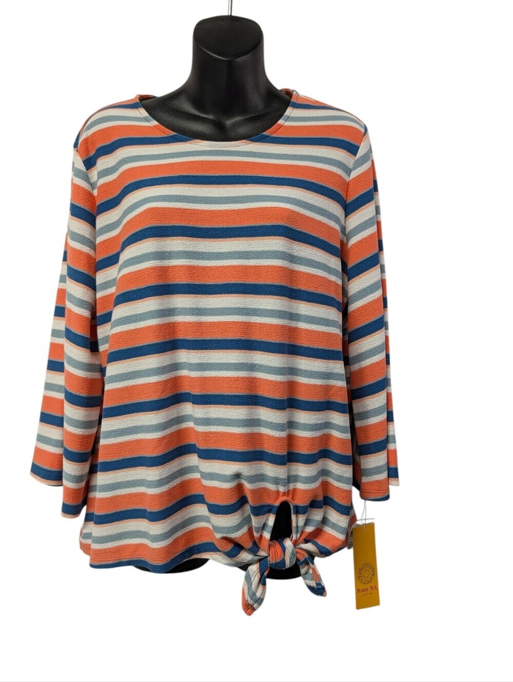 Ruby Rd. Women Sz L Orange Blue White Striped Bell Sleeve Knit Top Side Tie NWT